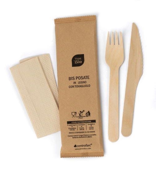 Immagine di BIS POSATE IN LEGNO CERATO + TOVAGLIOLO 160mm