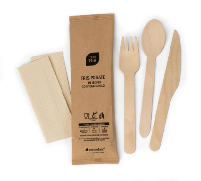 Immagine di TRIS POSATE IN LEGNO CERATO + TOVAGLIOLO 160mm 