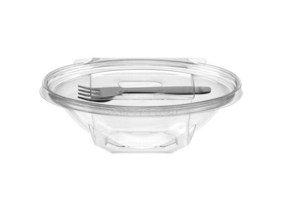 Immagine di VASCHETTA CON COPERCHIO A STRAPPO IN APET CON FORCHETTA 500cc